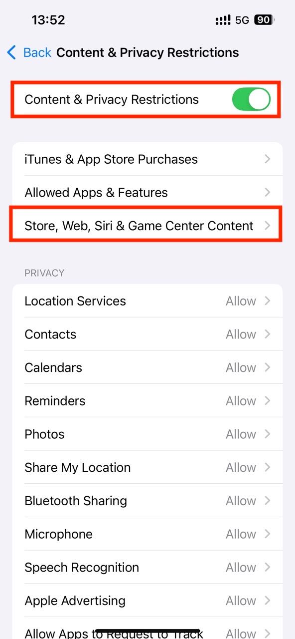 turn on Content & Privacy Restrictions