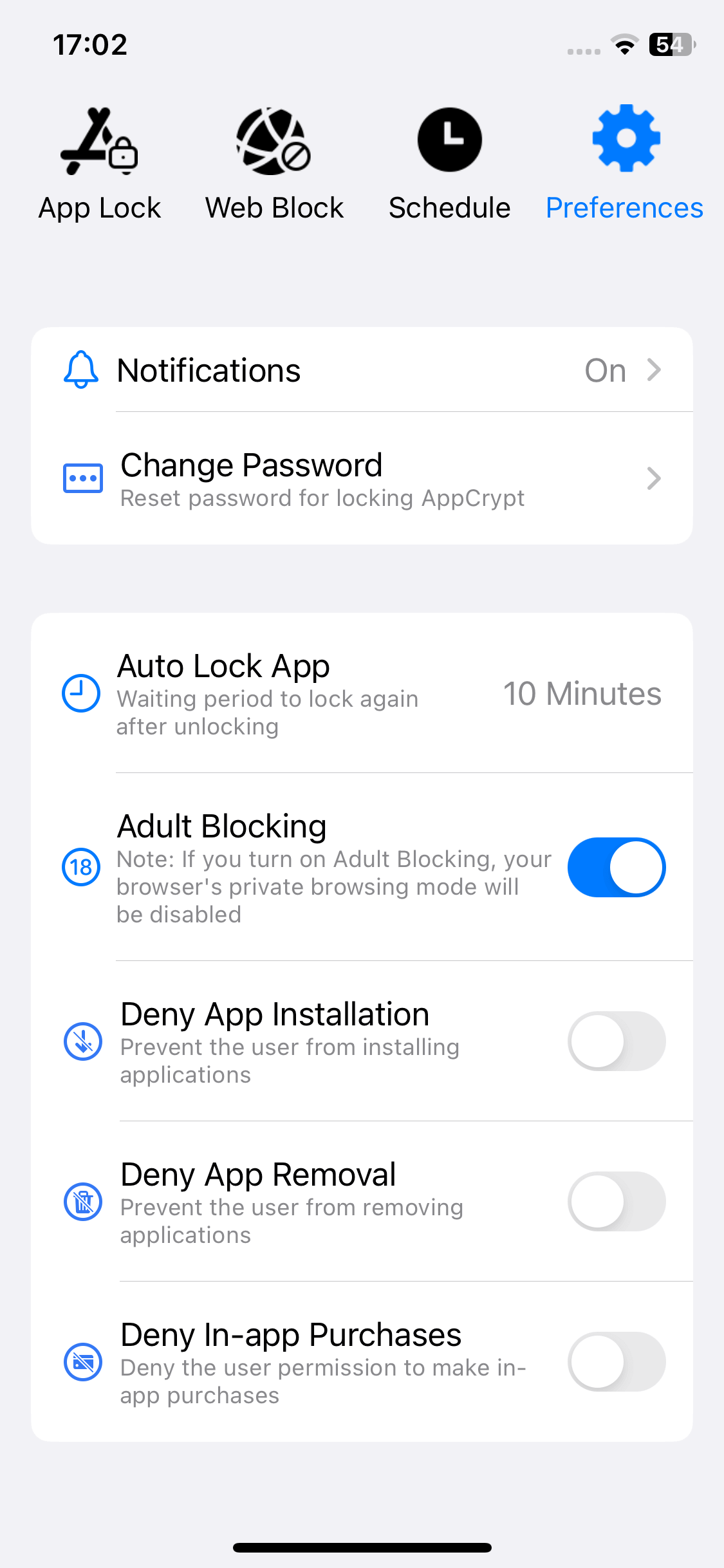 the Adult Blocking option is turned on