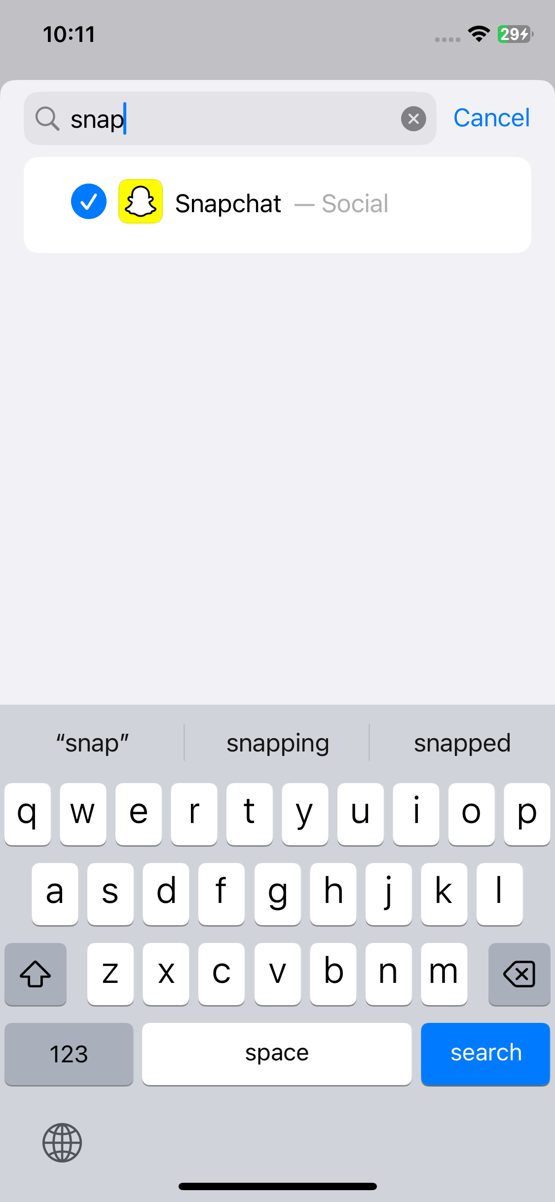 a screen showing that Snapchat is found and selected