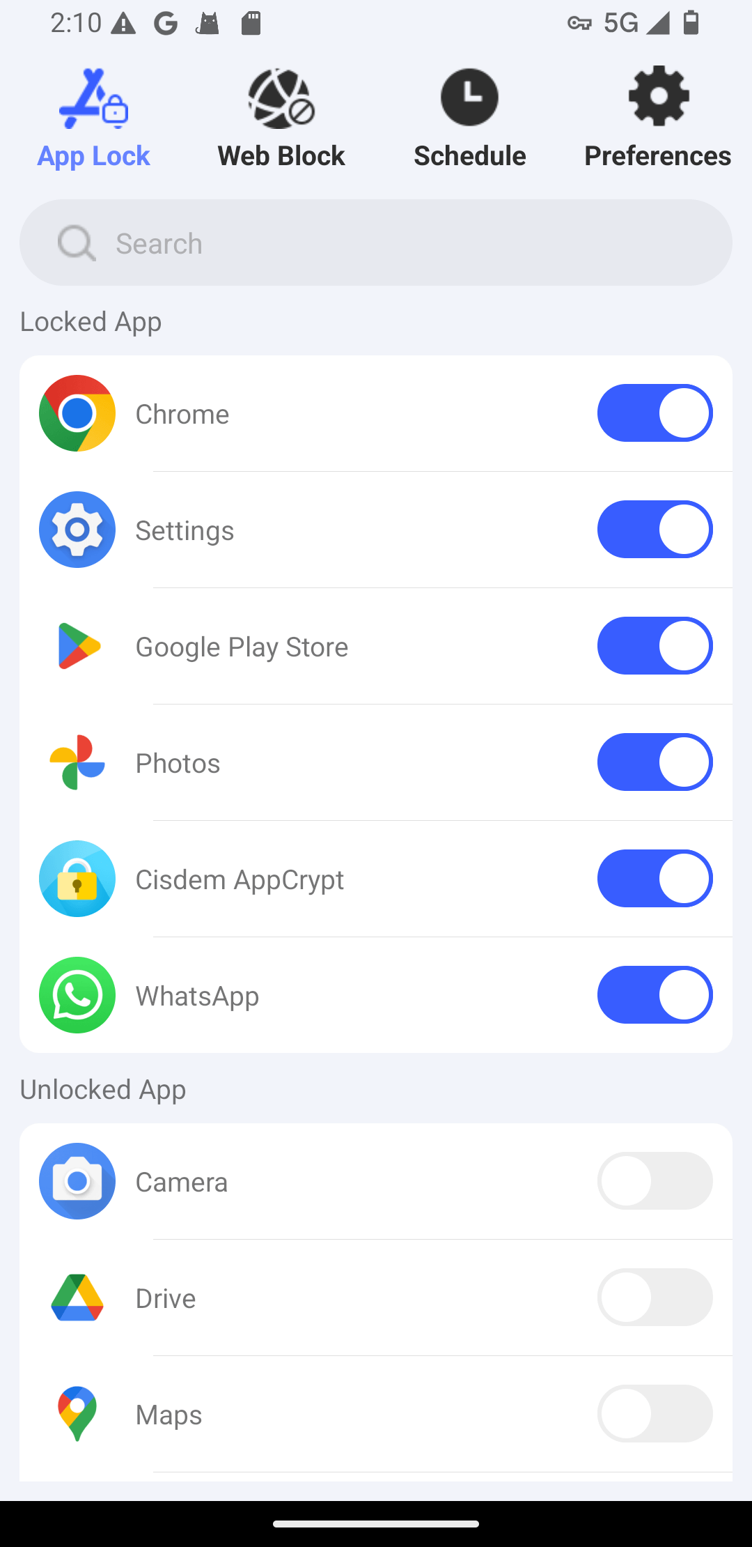 the App Lock tab showing that the switch next to Google Photos is toggled to the on position