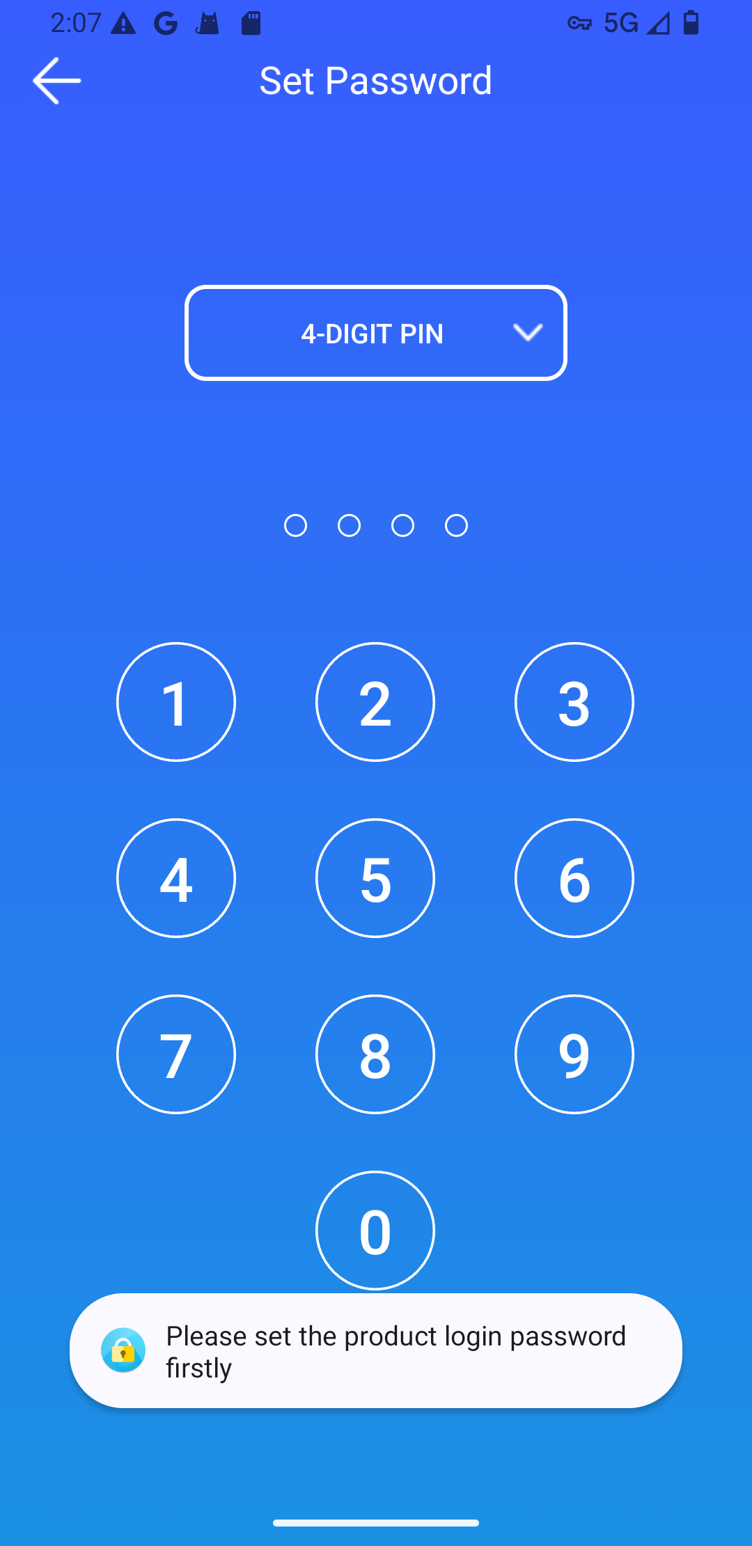 a password setup screen