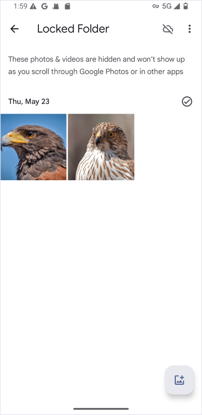 a Locked Folder screen showing two photos and an image icon in the bottom right corner