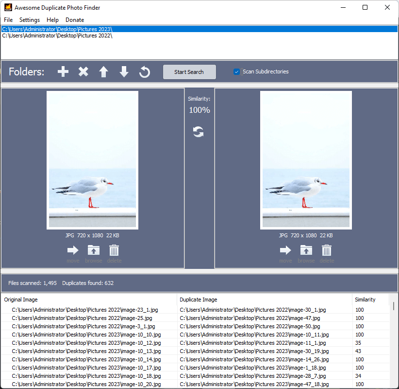 prévisualiser les doublons photos dans Awesome Duplicate Photo Finder