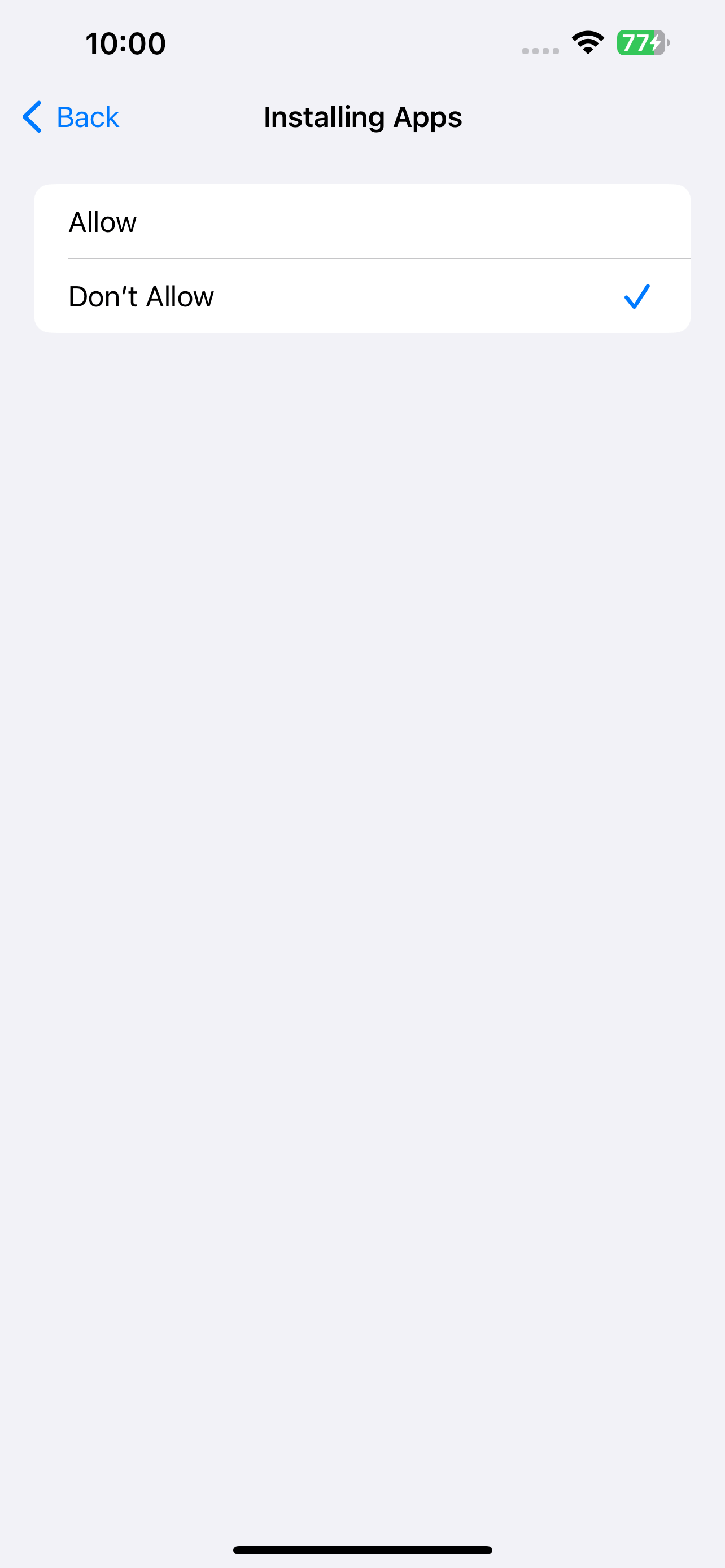 a screen showing the Don't Allow option is selected for installing apps