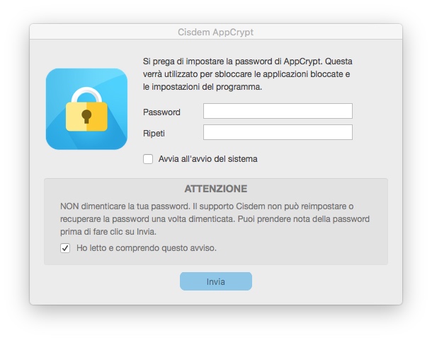 una finestra di dialogo che chiede agli utenti di impostare una password