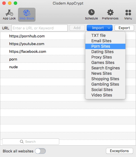 the Web Block tab showing that the site "pornhub.com" and the keyword "porn" are added and an Import dropdown menu