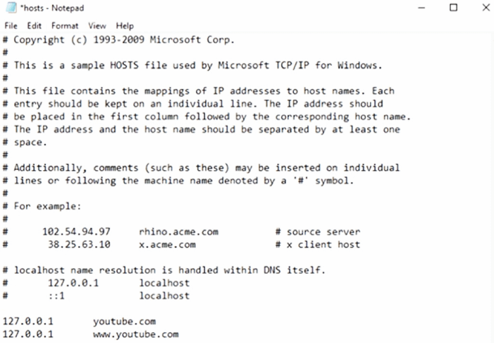 a Notepad window showing the hosts file content