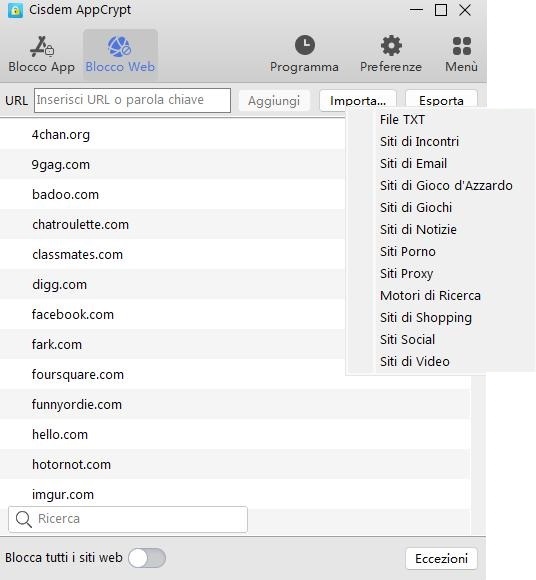 la scheda Blocco Web che mostra un campo URL, un pulsante Aggiungi e un menu Importa, e che due siti porno sono nell'elenco dei siti bloccati