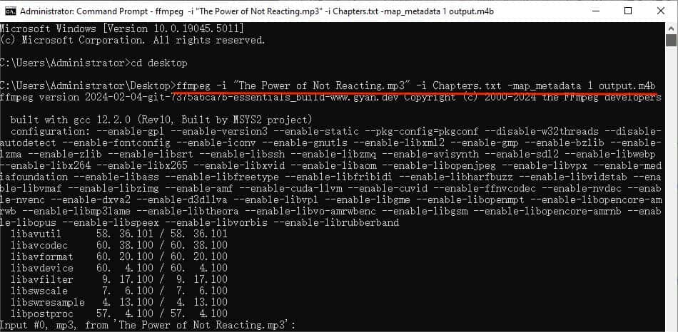 FFmpeg convert mp3 to m4b with chapters