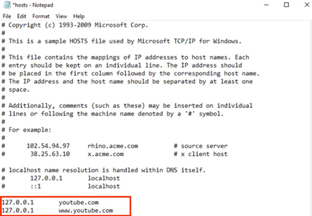 add youtube.com to block via hosts file