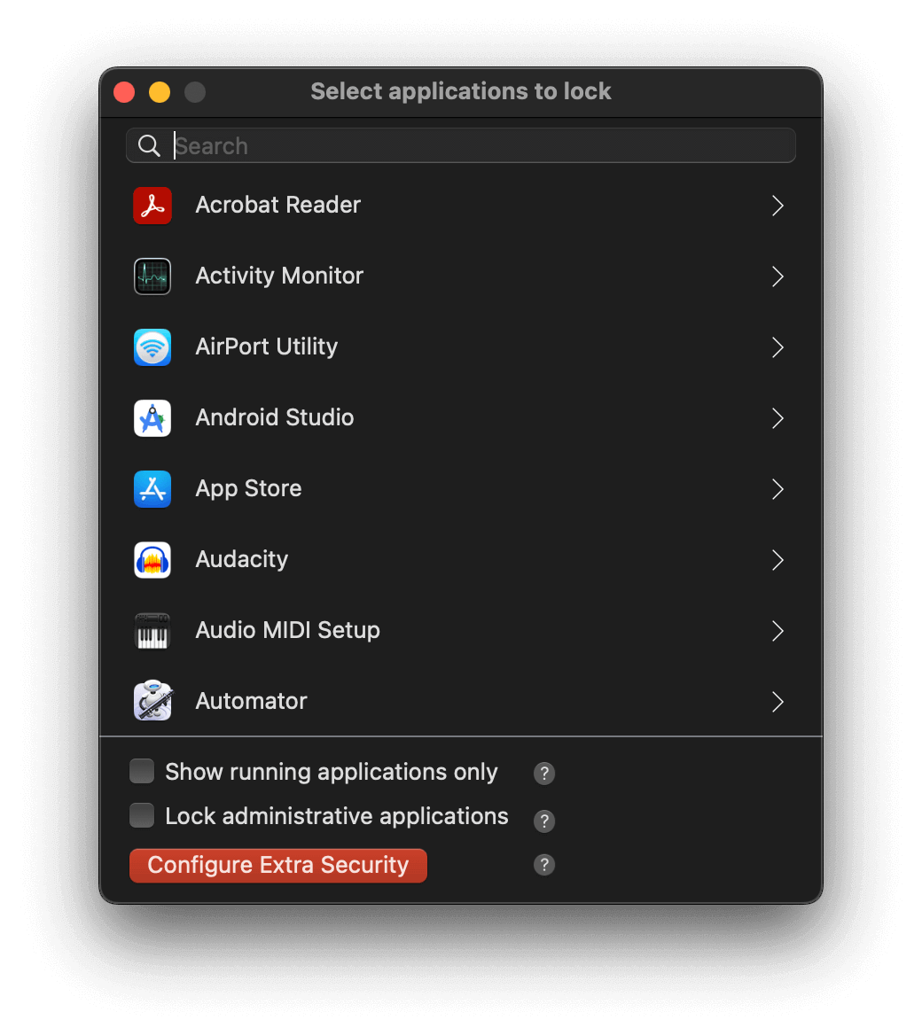 Select application to lock dialog showing several apps