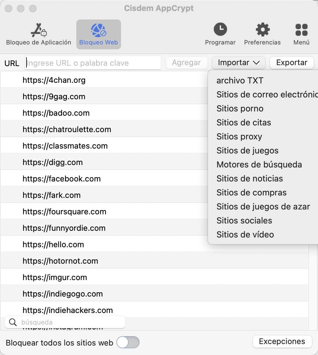 Seleccione la categoría de sitios pornográficos que desea bloquear