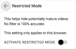 Restricted Mode screen showing Activated Restricted Mode toggled to the on position