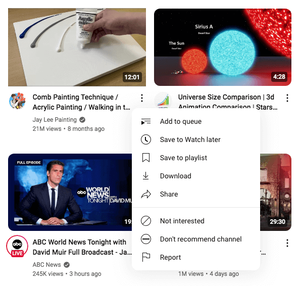 a screen showing four video thumbnails and a pop-up menu with Not interested, Don't recommend channel and a few other options