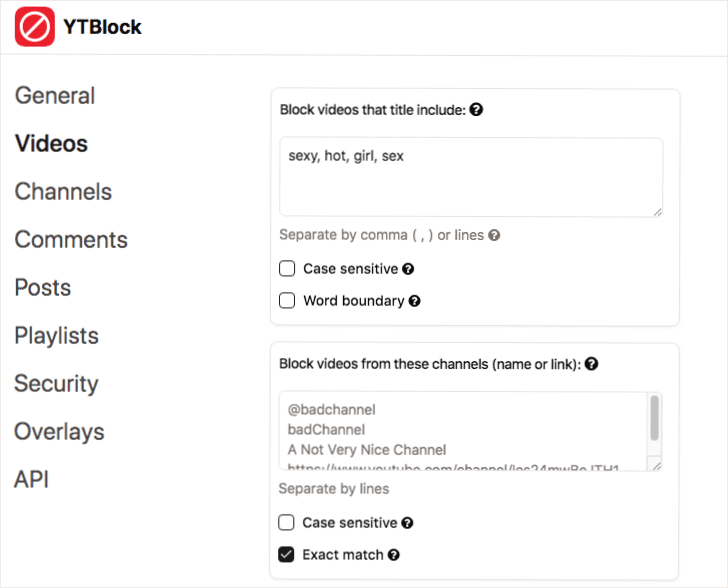 a screen showing Video is chosen on the left and showing several sections on the right including a Block videos that title include section