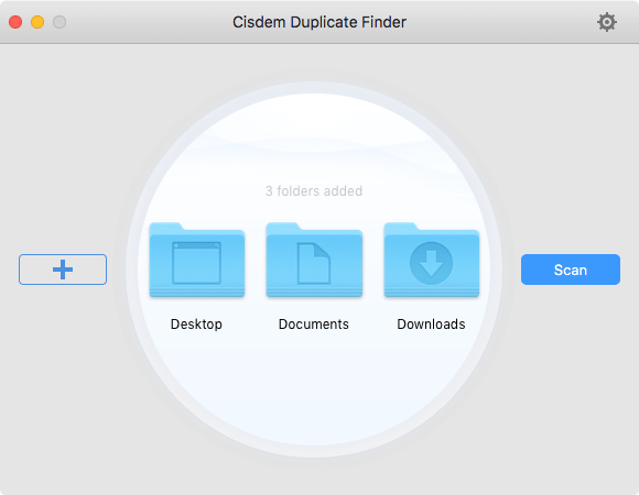 a Cisdem Duplicate Finder window showing an Add button on the left, three folders in the middle, and a Scan button on the right