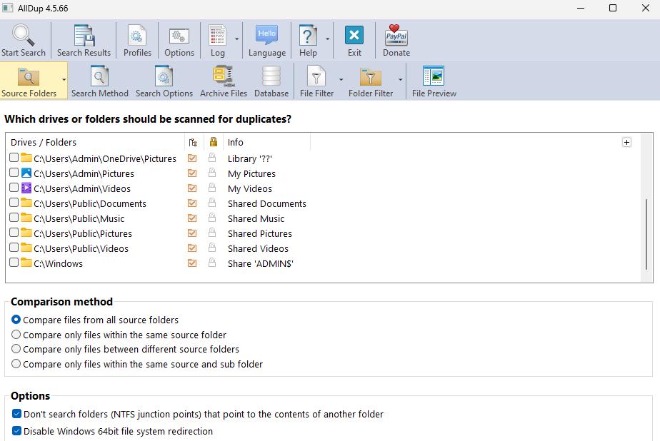 AllDup duplicate file finder main window