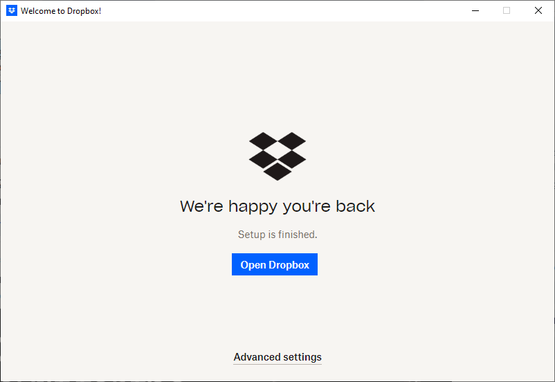 a Dropbox app window showing Advanced settings
