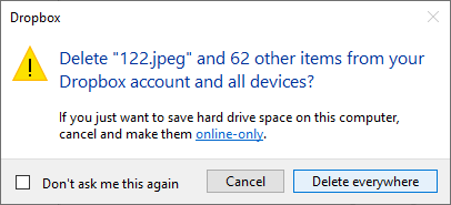 a Dropbox dialog showing a message and a Delete everywhere button