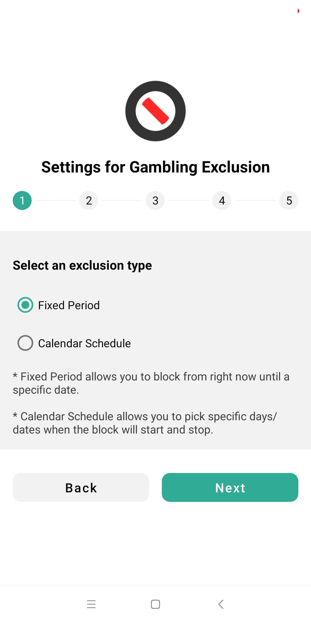Settings for Gambling Exclusion screen showing two exclusion types including Fixed Period