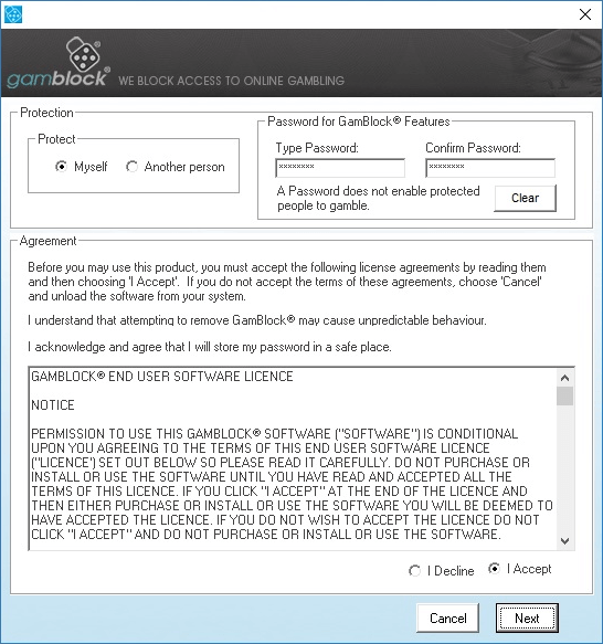 GamBlock interface showing a Protection section with two options: Myself and Another Person