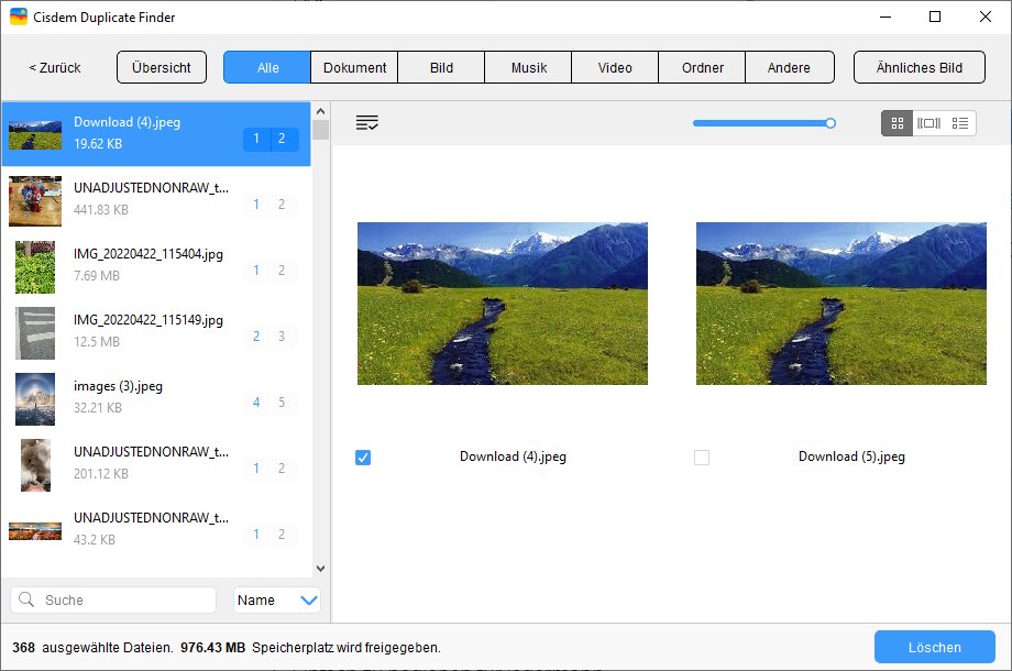 Die gefundenen doppelten Fotos werden mit Vorschau angezeigt