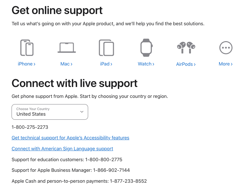 apple support page