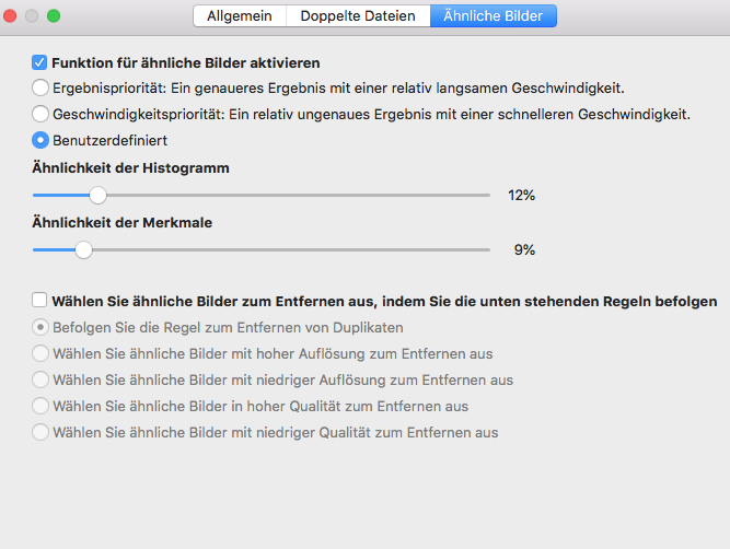 Similar Images tab showing settings, including options to enable similar image detection, choose result priority, and adjust histogram and feature similarity sliders