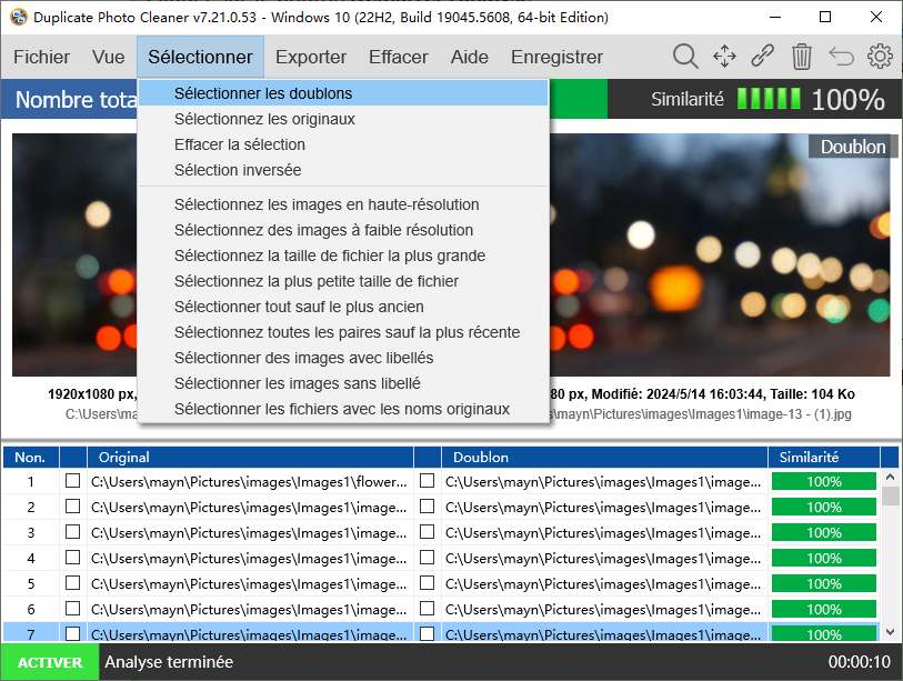 le menu sélectionner