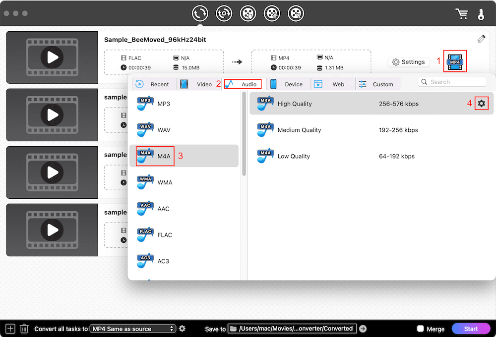 choose m4a as the output format