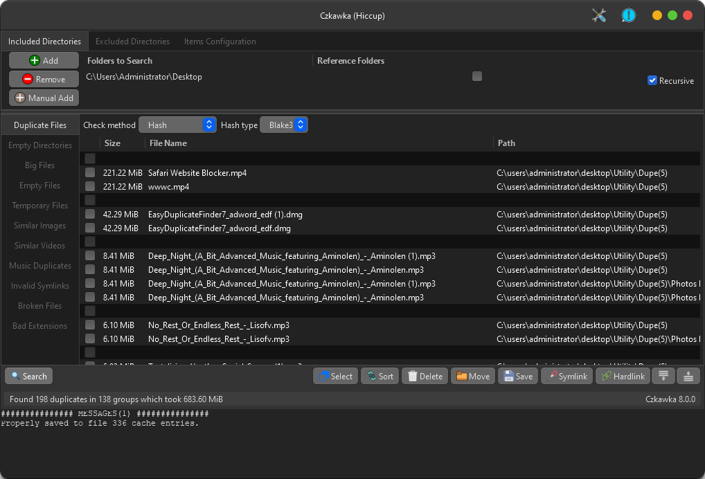 Czkawka displaying several sets of duplicate files