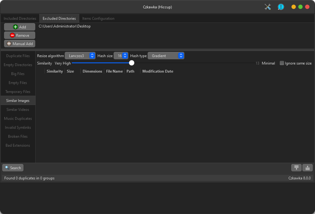 settings for Similar Images mode
