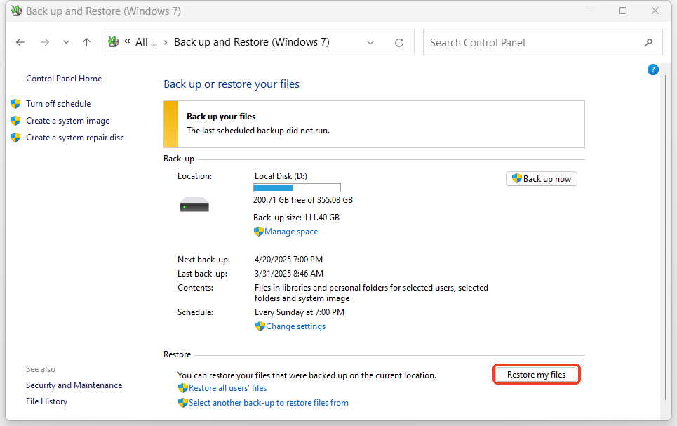 restore music picture document folders windows backup02