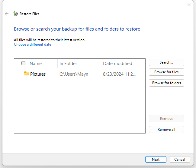 restore music picture document folders windows backup03