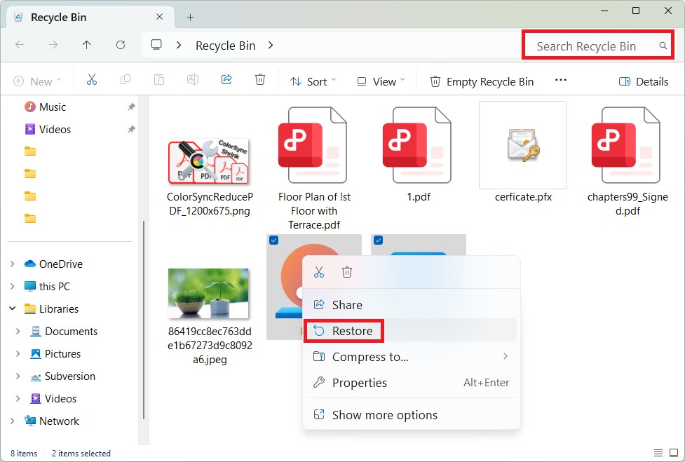 restore music picture document folders windows bin01