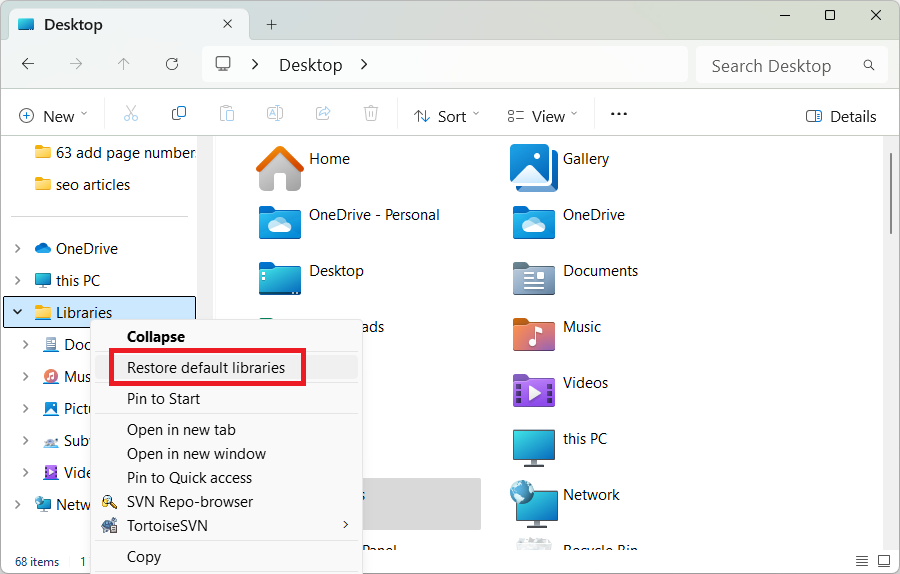 restore music picture document folders windows default
