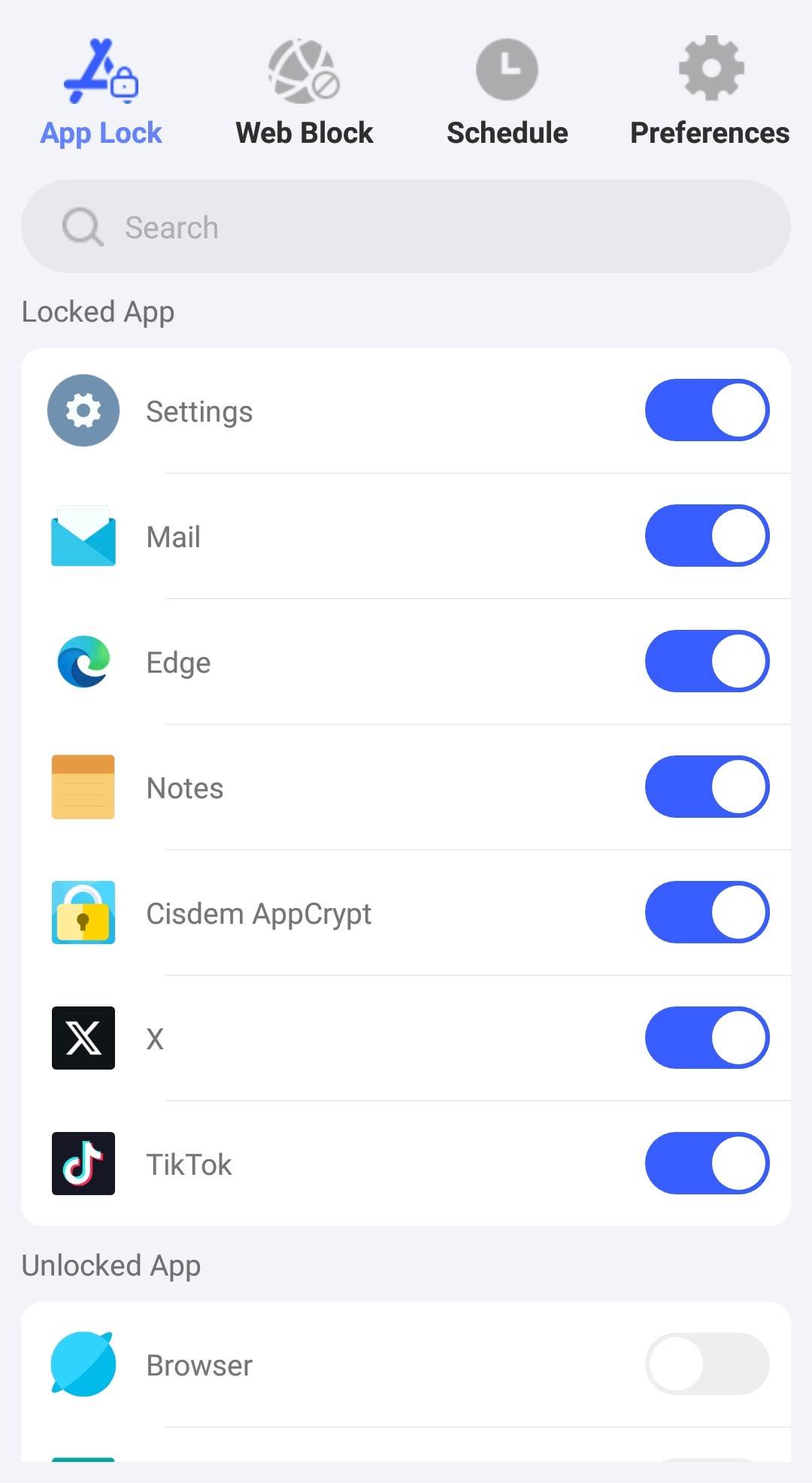 find Facebook under the unlocked apps