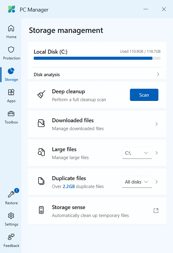 PC Manager app interface showing five tabs (such as Storage and Apps) on the left and a Duplicate files section on the left (along with four other sections)