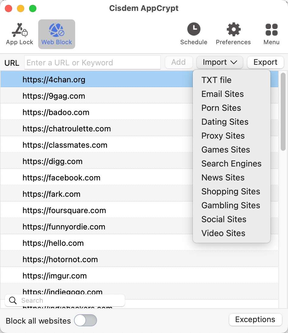add facebook.com to the block list