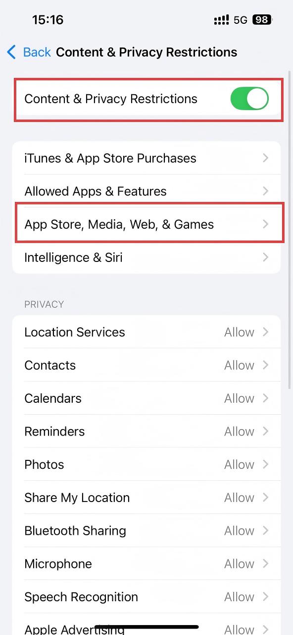select App Store, Media, Web, & Games