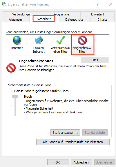 auf Eingeschränkte Sites klicken