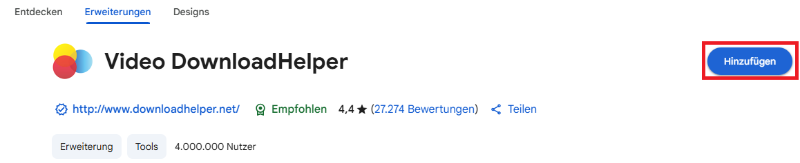 Video DownloadHelper hinzufügen