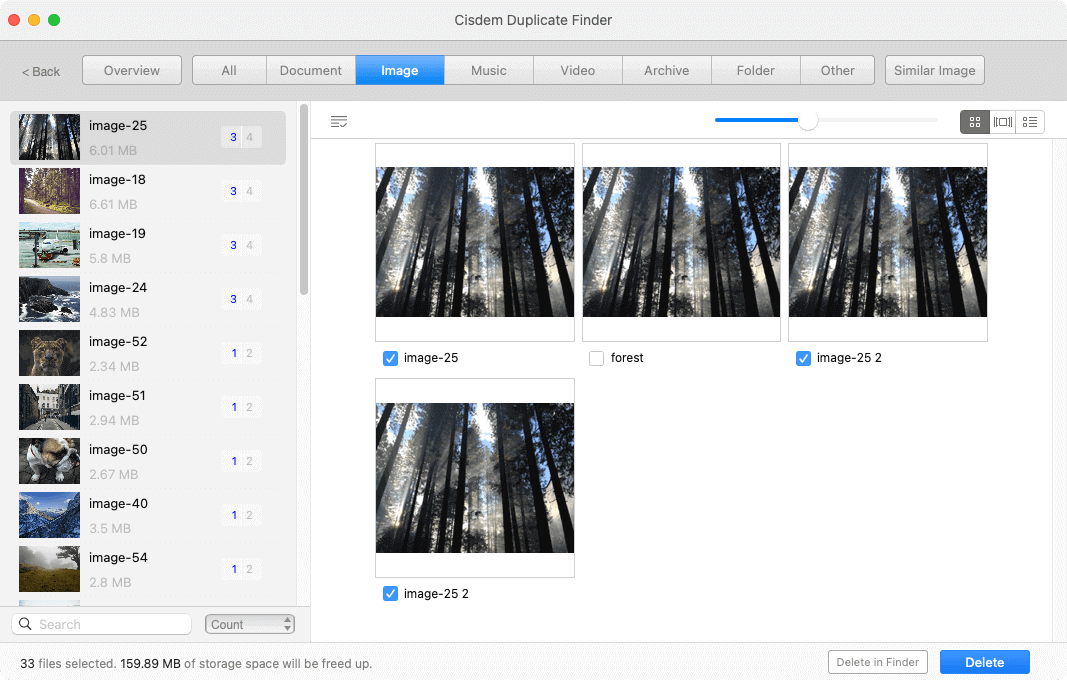 Cisdem Duplicate Finder screen on Mac showing several groups of duplicate photos