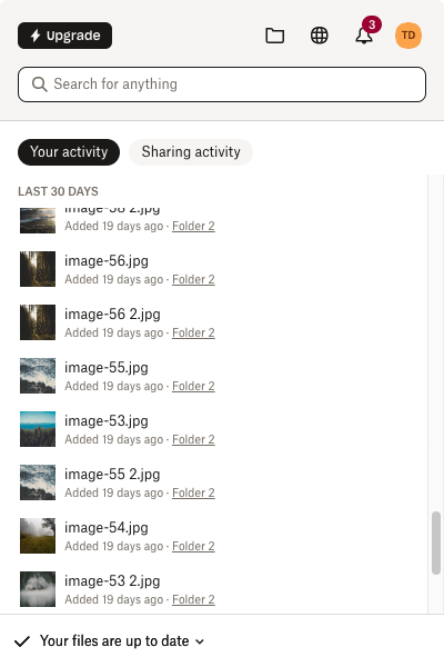 Window showing a list of files and a message saying that Your files are up to date