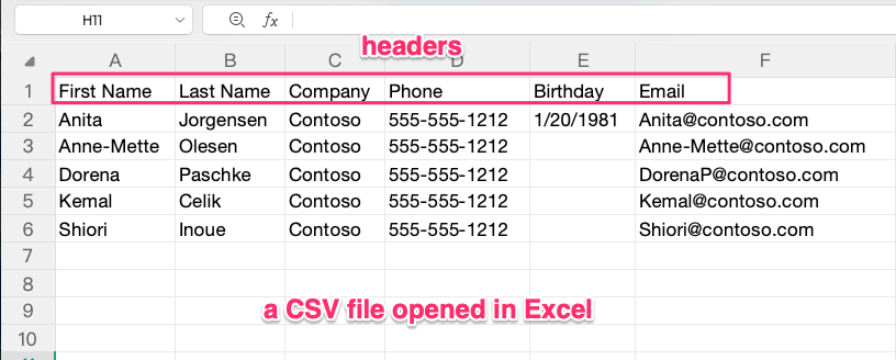 a CSV file opened in Excel, showing contact information, along with headers like Name, Company and Phone