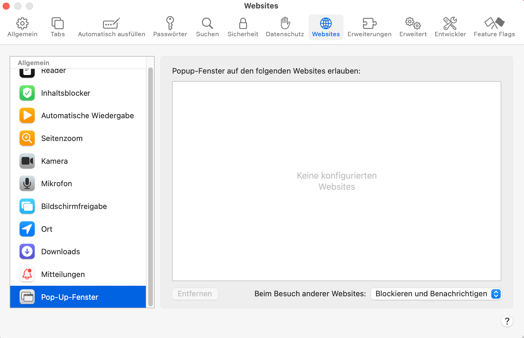 Safari-integrierte Einstellung